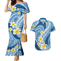 Plumeria Polynesian Blue Glitter Pattern Couples Matching Mermaid Dress and Hawaiian Shirt