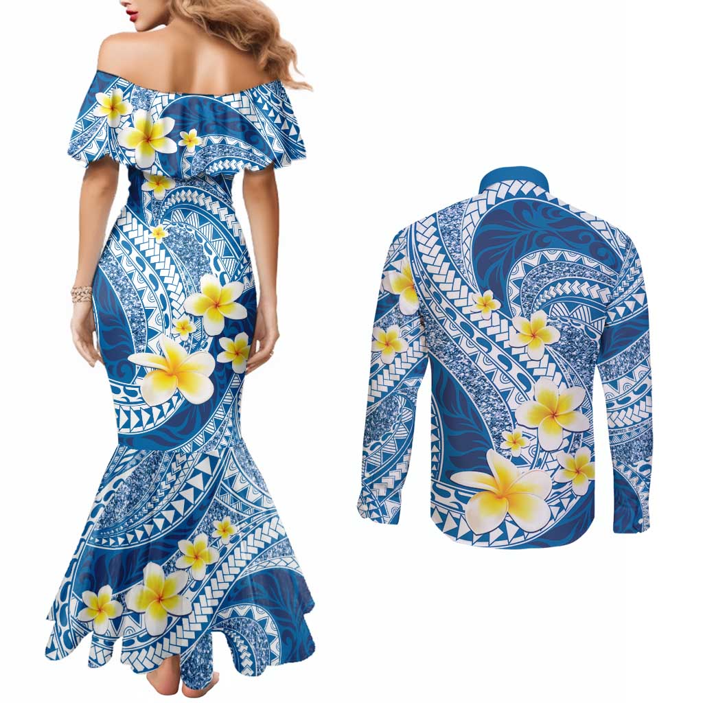 Plumeria Polynesian Blue Glitter Pattern Couples Matching Mermaid Dress and Long Sleeve Button Shirt LT01 - Polynesian Pride