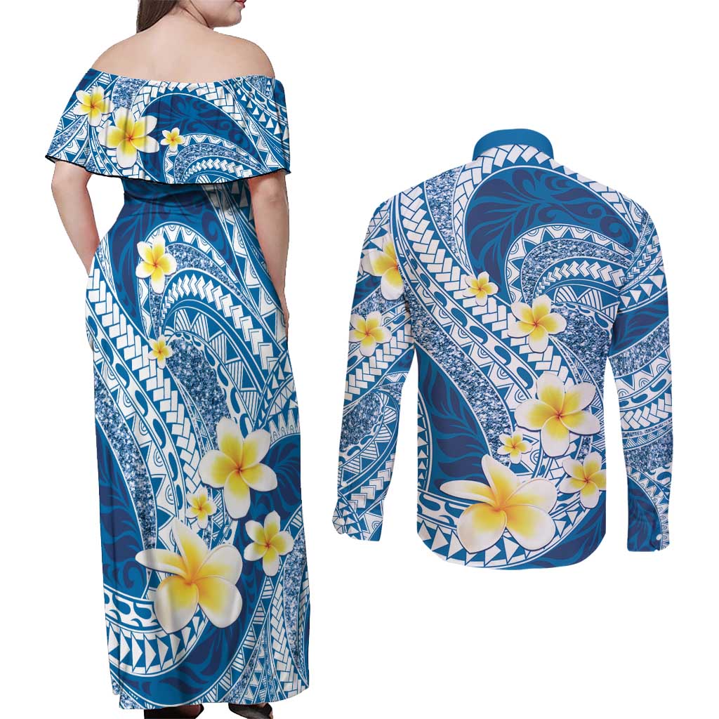Plumeria Polynesian Blue Glitter Pattern Couples Matching Off Shoulder Maxi Dress and Long Sleeve Button Shirt LT01 - Polynesian Pride
