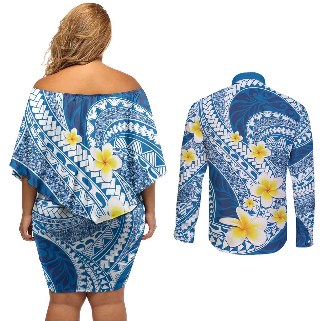 Plumeria Polynesian Blue Glitter Pattern Couples Matching Off Shoulder Short Dress and Long Sleeve Button Shirt LT01 - Polynesian Pride