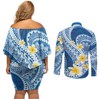 Plumeria Polynesian Blue Glitter Pattern Couples Matching Off Shoulder Short Dress and Long Sleeve Button Shirt LT01 - Polynesian Pride