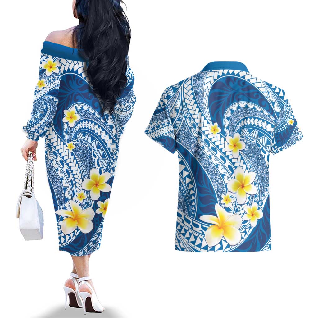 Plumeria Polynesian Blue Glitter Pattern Couples Matching Off The Shoulder Long Sleeve Dress and Hawaiian Shirt