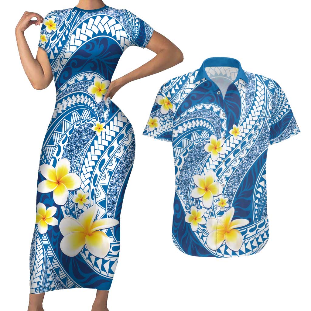 Plumeria Polynesian Blue Glitter Pattern Couples Matching Short Sleeve Bodycon Dress and Hawaiian Shirt