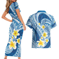 Plumeria Polynesian Blue Glitter Pattern Couples Matching Short Sleeve Bodycon Dress and Hawaiian Shirt