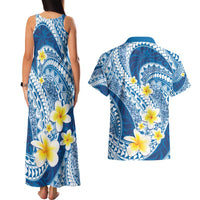 Plumeria Polynesian Blue Glitter Pattern Couples Matching Tank Maxi Dress and Hawaiian Shirt