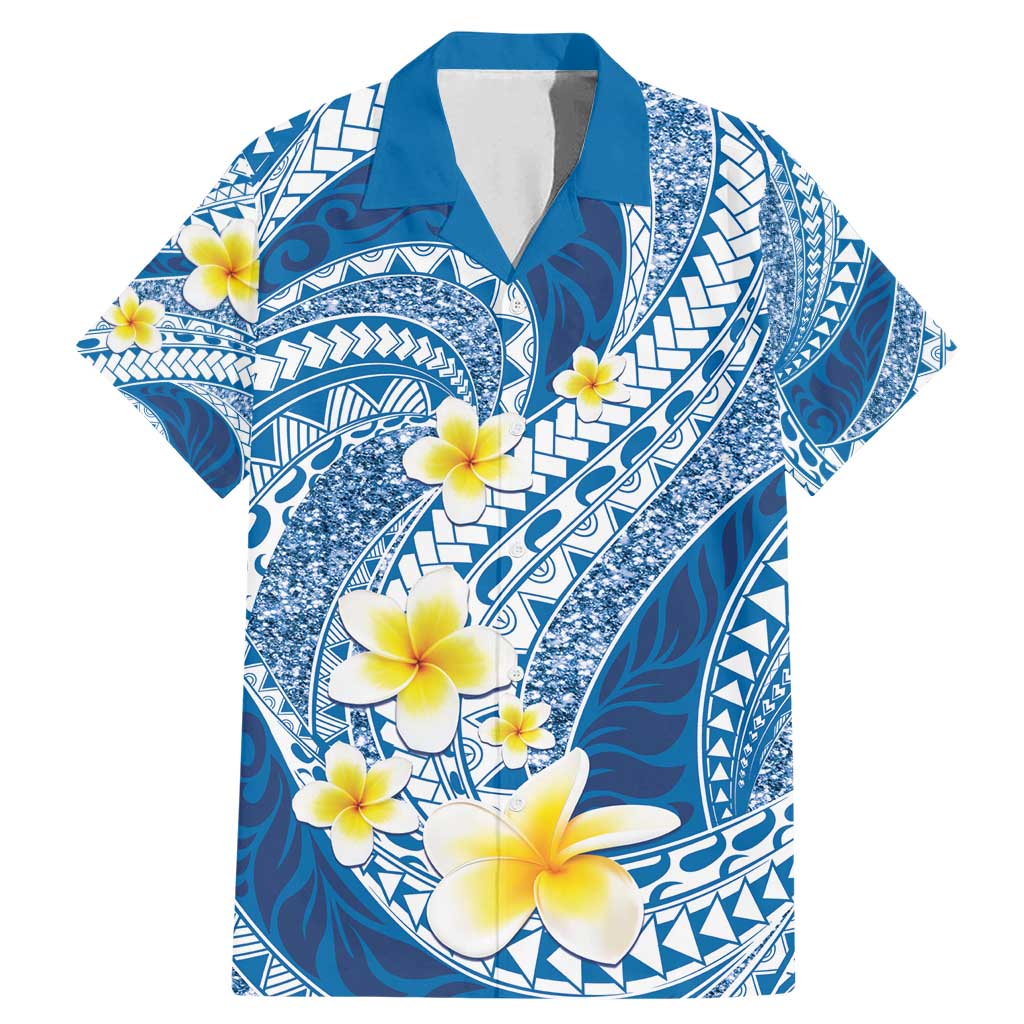 Plumeria Polynesian Blue Glitter Pattern Family Matching Mermaid Dress and Hawaiian Shirt