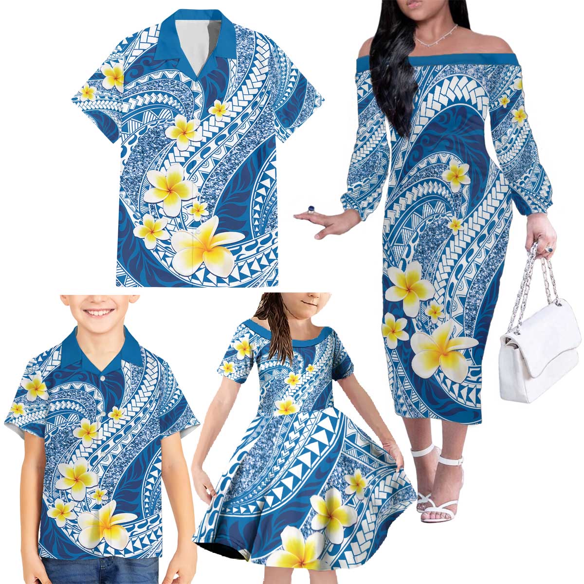 Plumeria Polynesian Blue Glitter Pattern Family Matching Off The Shoulder Long Sleeve Dress and Hawaiian Shirt