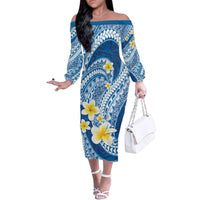 Plumeria Polynesian Blue Glitter Pattern Family Matching Off The Shoulder Long Sleeve Dress and Hawaiian Shirt