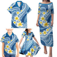 Plumeria Polynesian Blue Glitter Pattern Family Matching Puletasi and Hawaiian Shirt