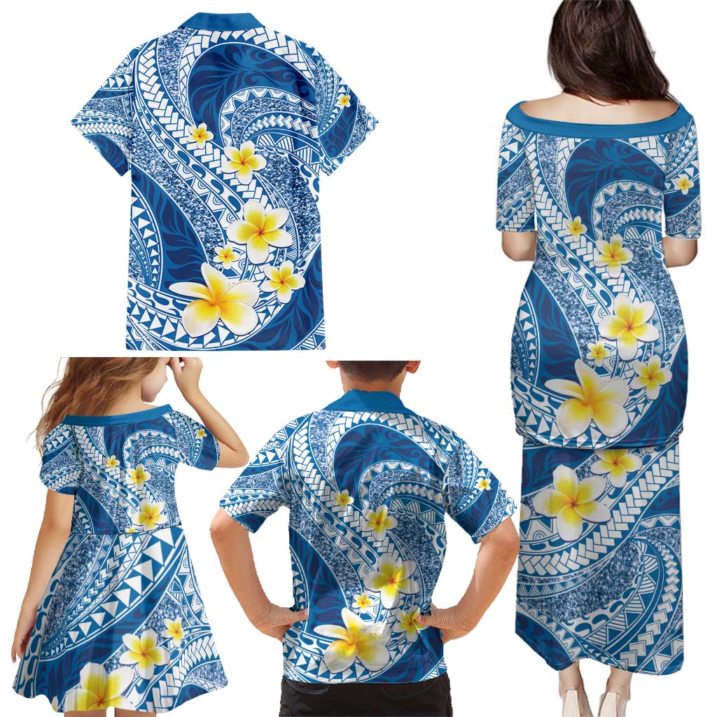 Plumeria Polynesian Blue Glitter Pattern Family Matching Puletasi and Hawaiian Shirt