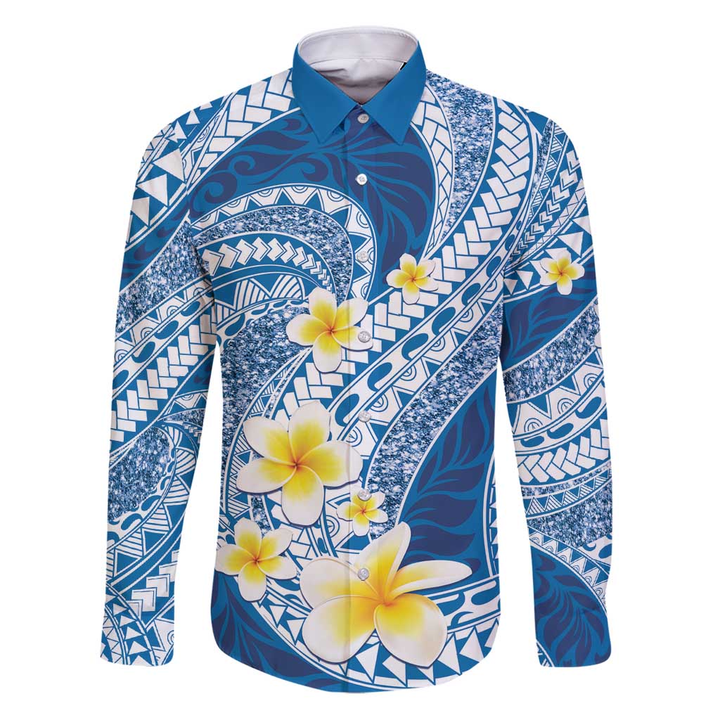 Plumeria Polynesian Blue Glitter Pattern Family Matching Puletasi and Hawaiian Shirt