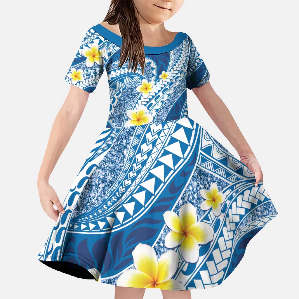 Plumeria Polynesian Blue Glitter Pattern Family Matching Short Sleeve Bodycon Dress and Hawaiian Shirt