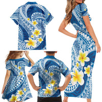 Plumeria Polynesian Blue Glitter Pattern Family Matching Short Sleeve Bodycon Dress and Hawaiian Shirt