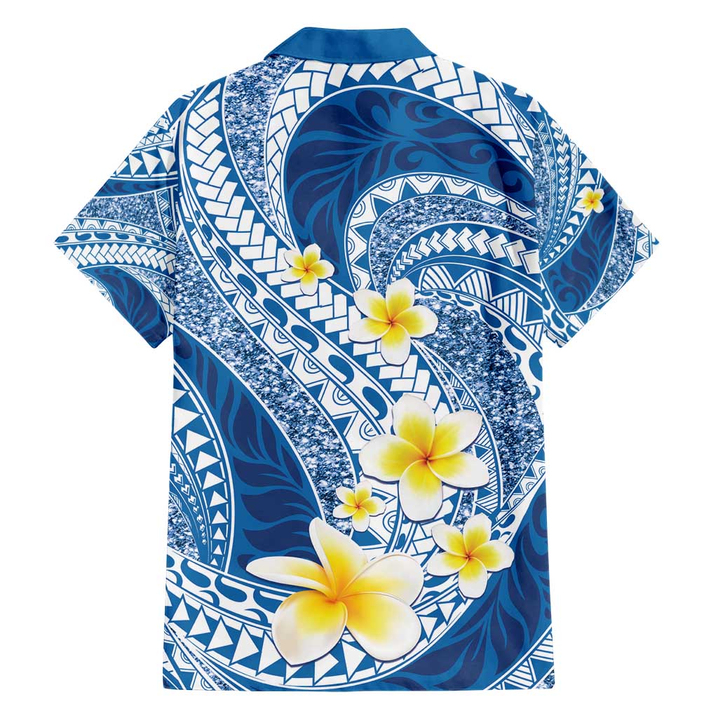 Plumeria Polynesian Blue Glitter Pattern Family Matching Short Sleeve Bodycon Dress and Hawaiian Shirt