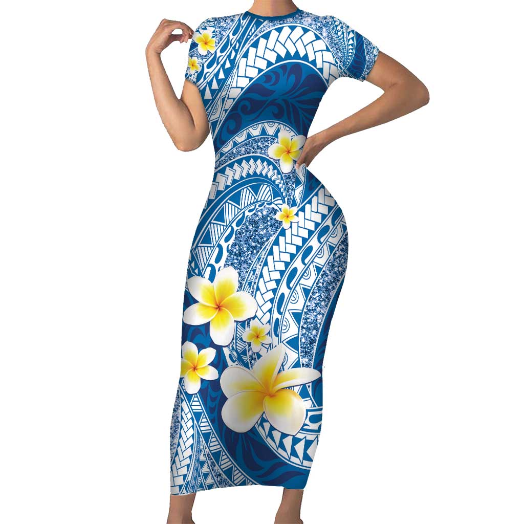 Plumeria Polynesian Blue Glitter Pattern Family Matching Short Sleeve Bodycon Dress and Hawaiian Shirt
