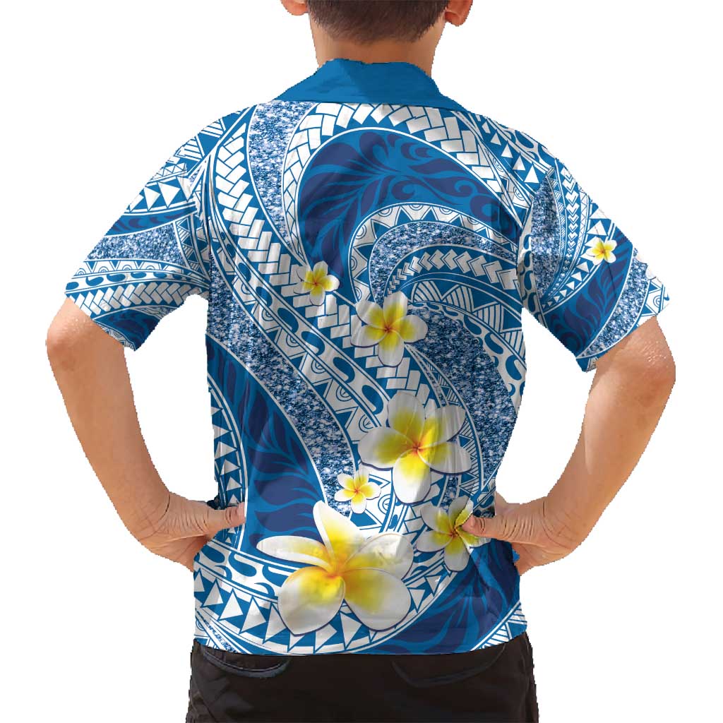 Plumeria Polynesian Blue Glitter Pattern Family Matching Summer Maxi Dress and Hawaiian Shirt