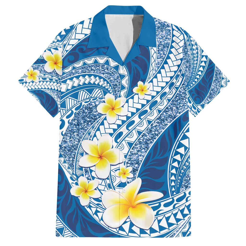 Plumeria Polynesian Blue Glitter Pattern Family Matching Tank Maxi Dress and Hawaiian Shirt LT01 Dad's Shirt - Short Sleeve Blue - Polynesian Pride