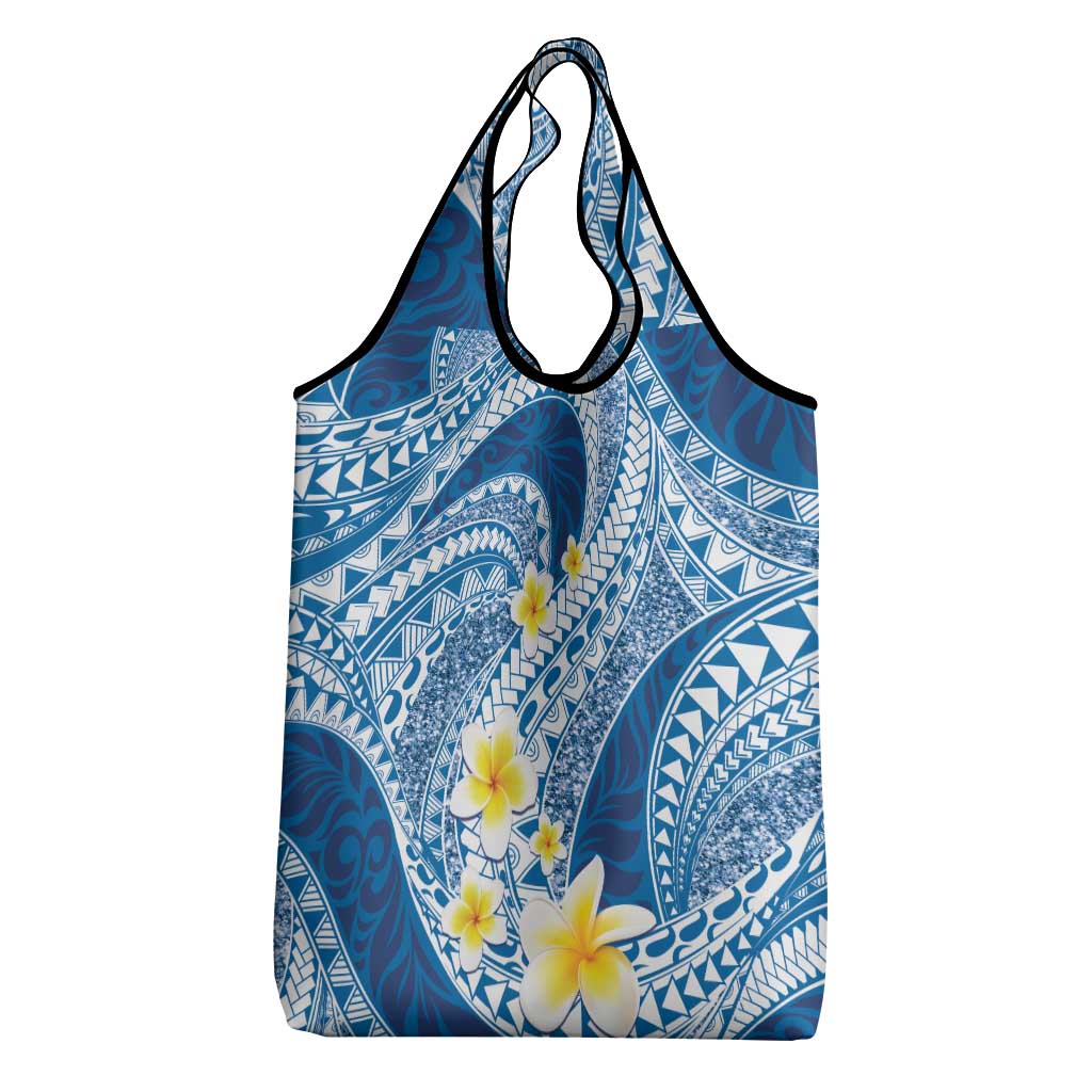 Plumeria Polynesian Blue Glitter Pattern Grocery Bag