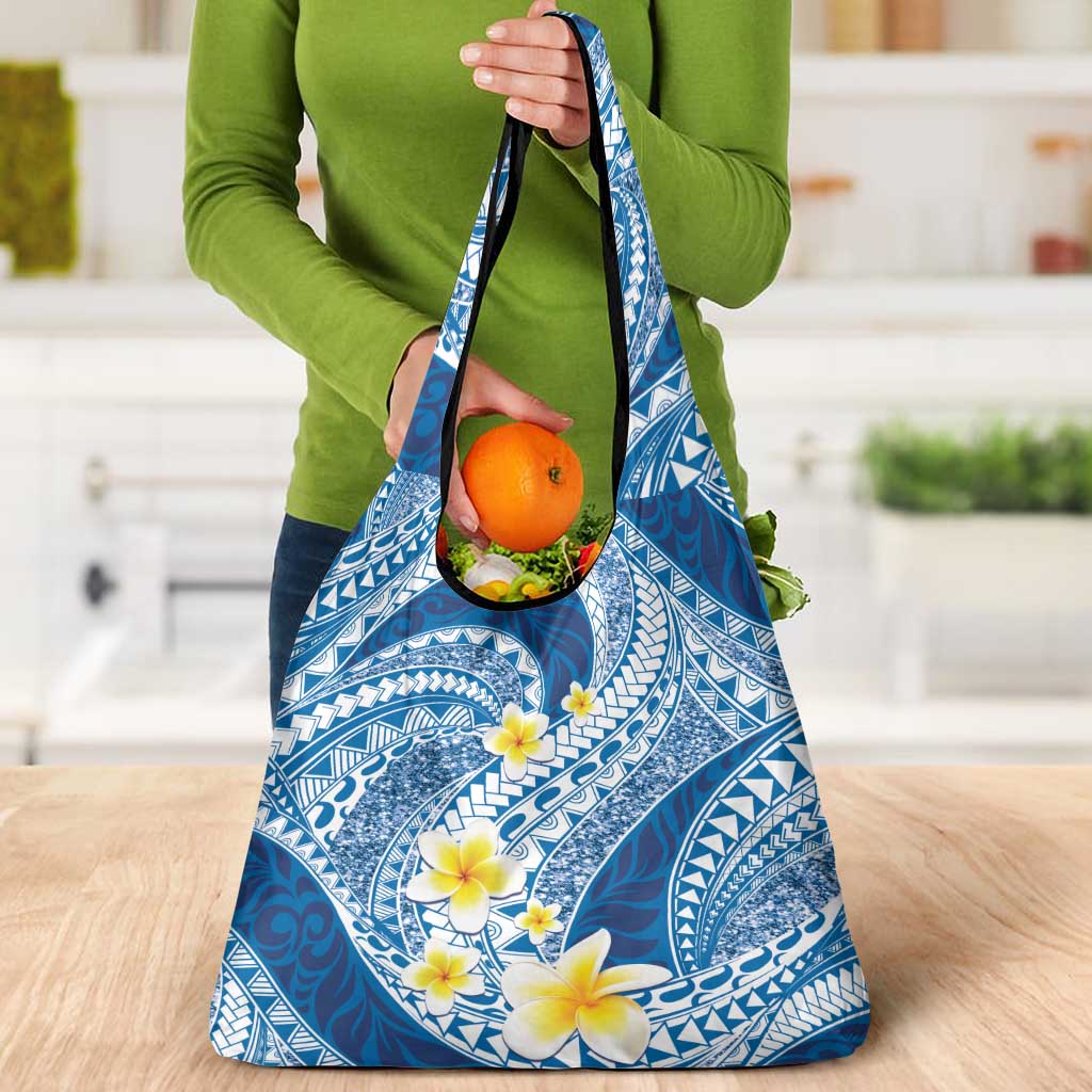 Plumeria Polynesian Blue Glitter Pattern Grocery Bag