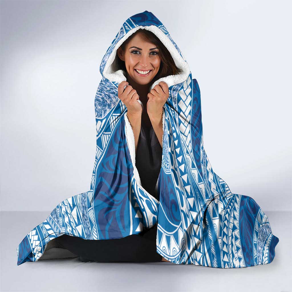 Plumeria Polynesian Blue Glitter Pattern Hooded Blanket
