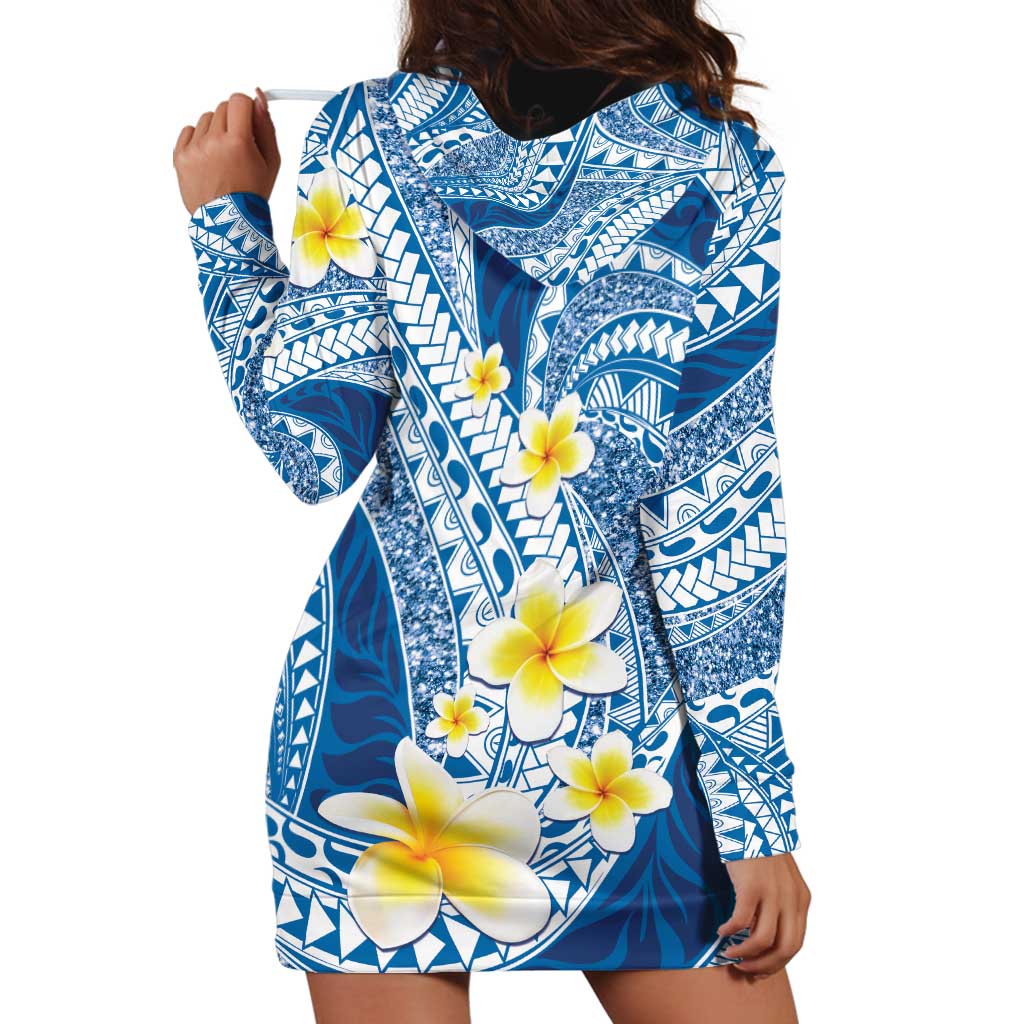 Plumeria Polynesian Blue Glitter Pattern Hoodie Dress
