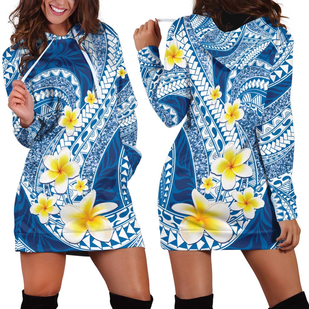 Plumeria Polynesian Blue Glitter Pattern Hoodie Dress