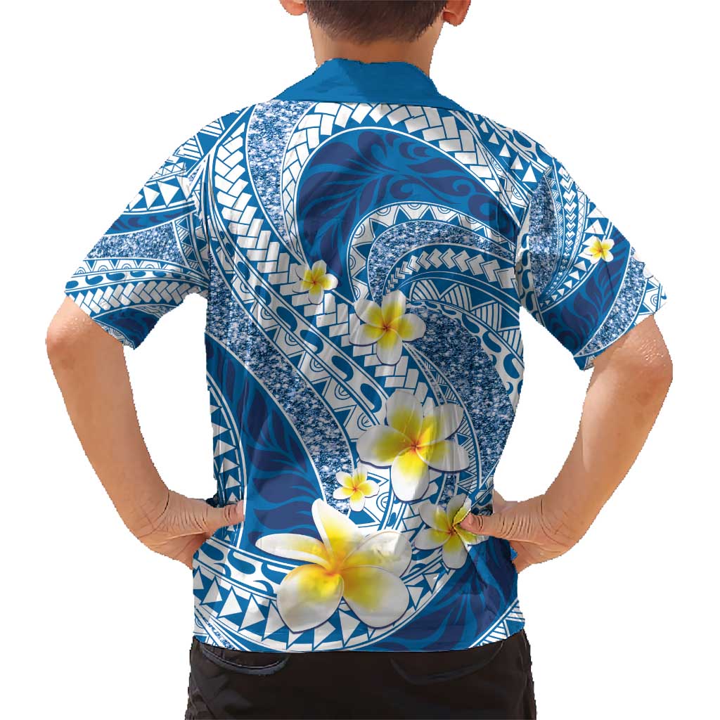 Plumeria Polynesian Blue Glitter Pattern Kid Hawaiian Shirt