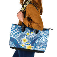 Plumeria Polynesian Blue Glitter Pattern Leather Tote Bag