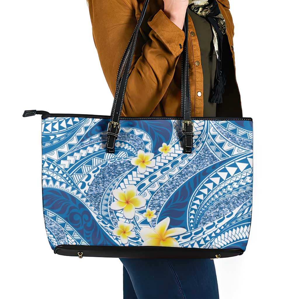 Plumeria Polynesian Blue Glitter Pattern Leather Tote Bag