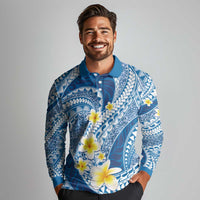 Plumeria Polynesian Blue Glitter Pattern Long Sleeve Polo Shirt