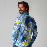 Plumeria Polynesian Blue Glitter Pattern Long Sleeve Polo Shirt