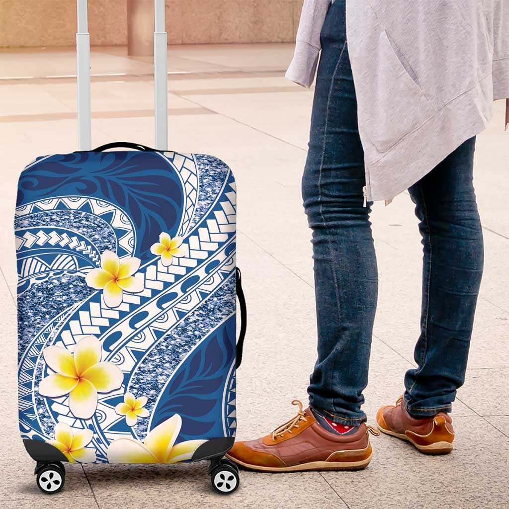 Plumeria Polynesian Blue Glitter Pattern Luggage Cover