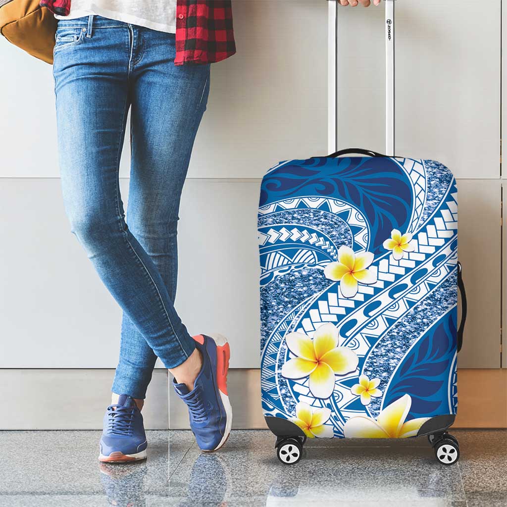 Plumeria Polynesian Blue Glitter Pattern Luggage Cover