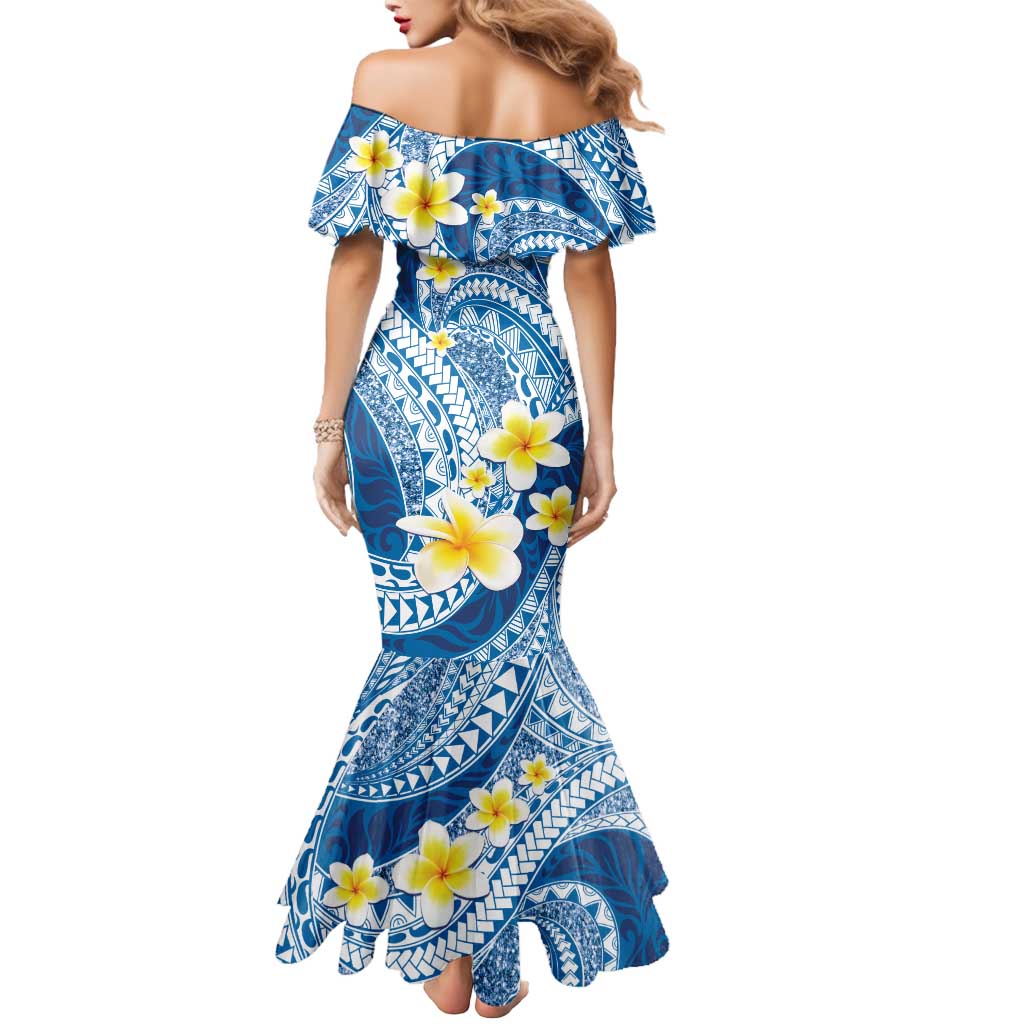 Plumeria Polynesian Blue Glitter Pattern Mermaid Dress