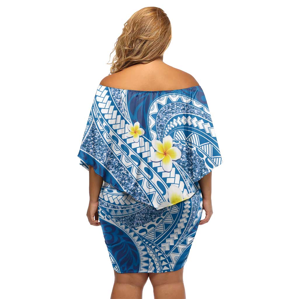 Plumeria Polynesian Blue Glitter Pattern Off Shoulder Short Dress