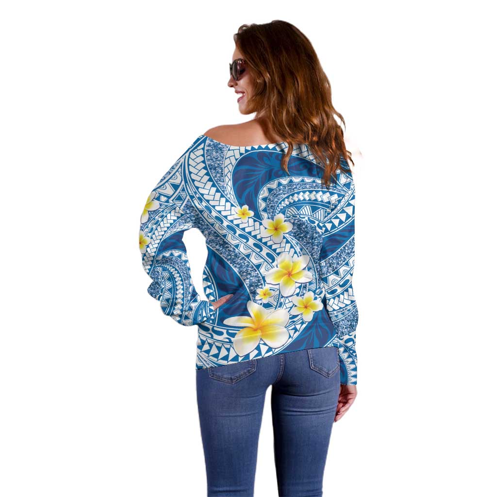 Plumeria Polynesian Blue Glitter Pattern Off Shoulder Sweater
