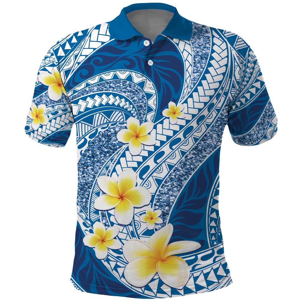 Plumeria Polynesian Blue Glitter Pattern Polo Shirt