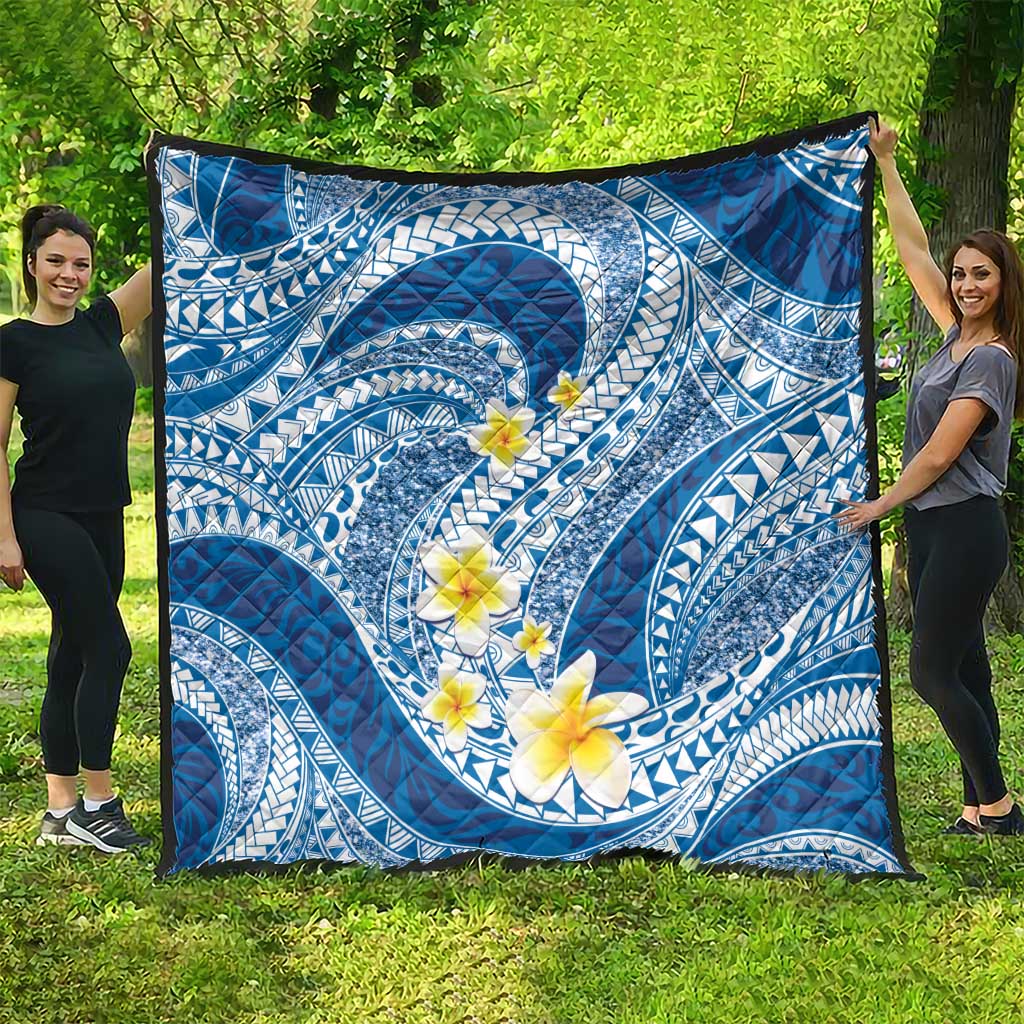 Plumeria Polynesian Blue Glitter Pattern Quilt LT01 - Polynesian Pride