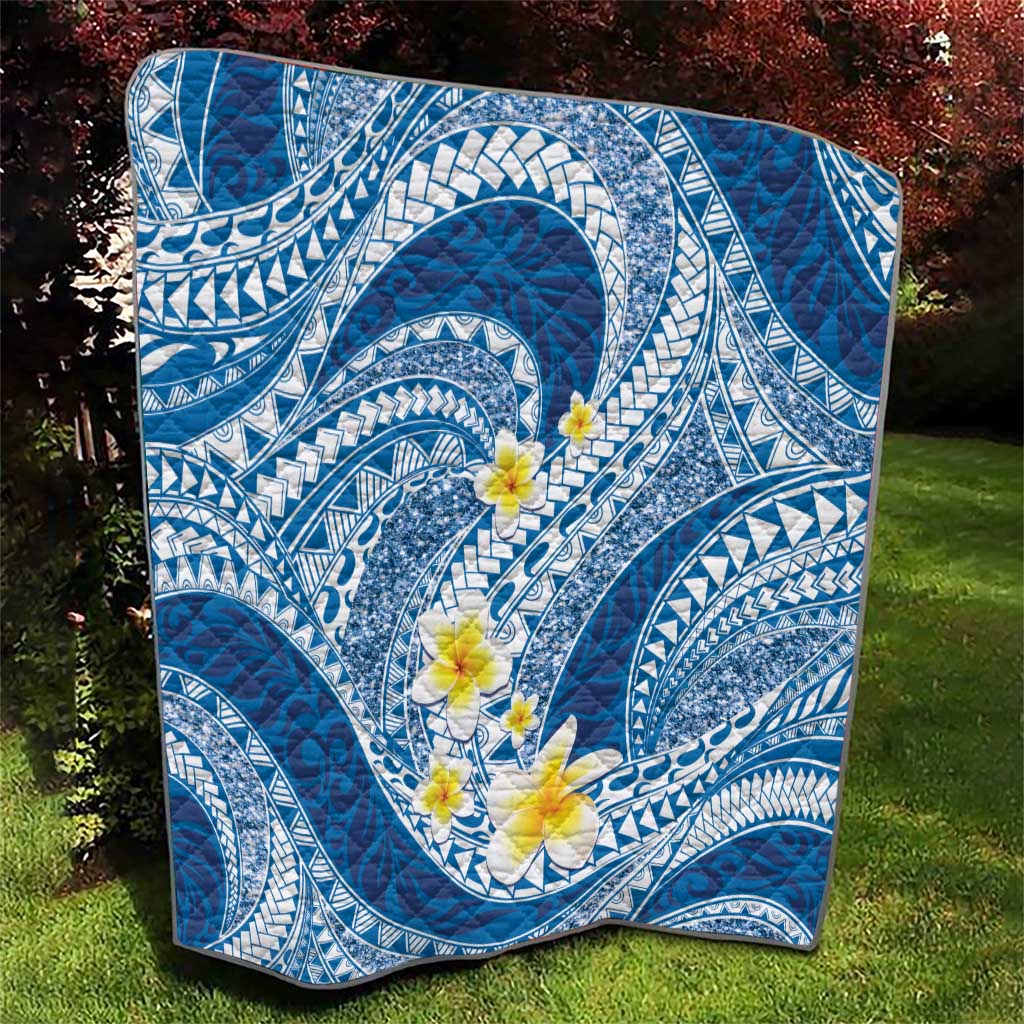 Plumeria Polynesian Blue Glitter Pattern Quilt LT01 - Polynesian Pride