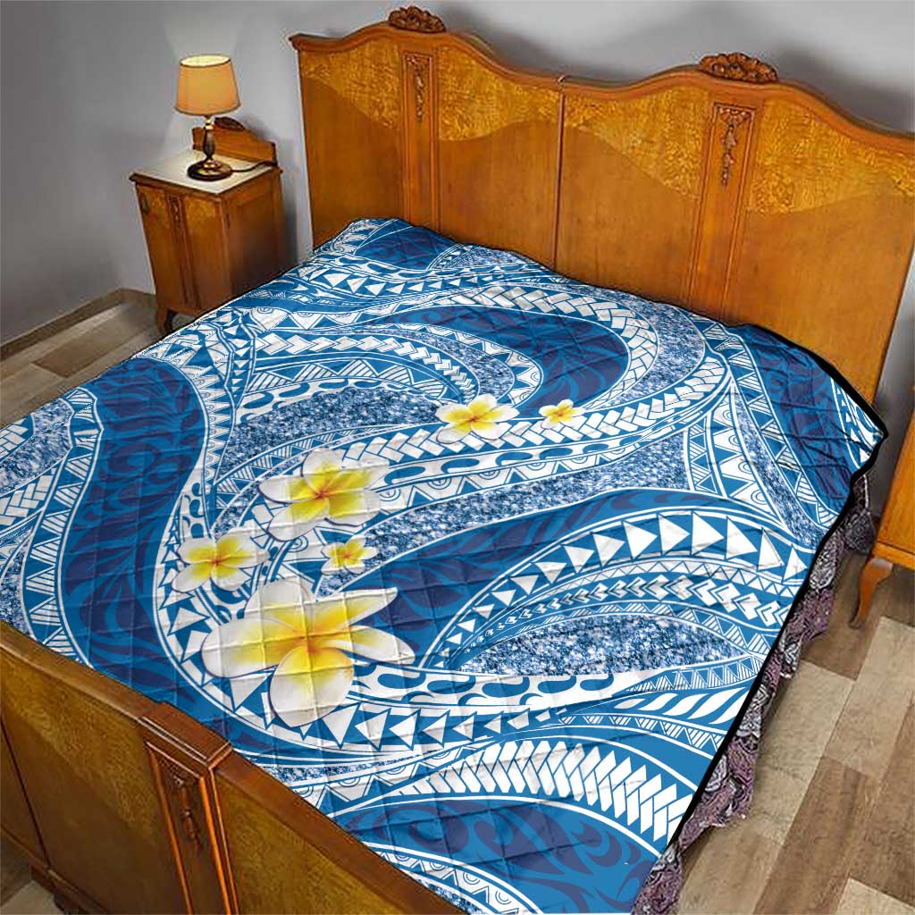 Plumeria Polynesian Blue Glitter Pattern Quilt LT01 - Polynesian Pride
