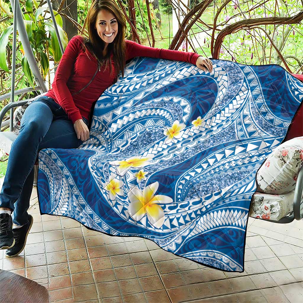 Plumeria Polynesian Blue Glitter Pattern Quilt LT01 - Polynesian Pride
