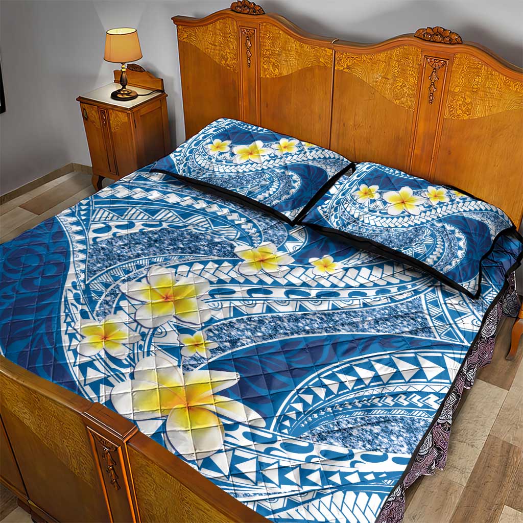 Plumeria Polynesian Blue Glitter Pattern Quilt Bed Set