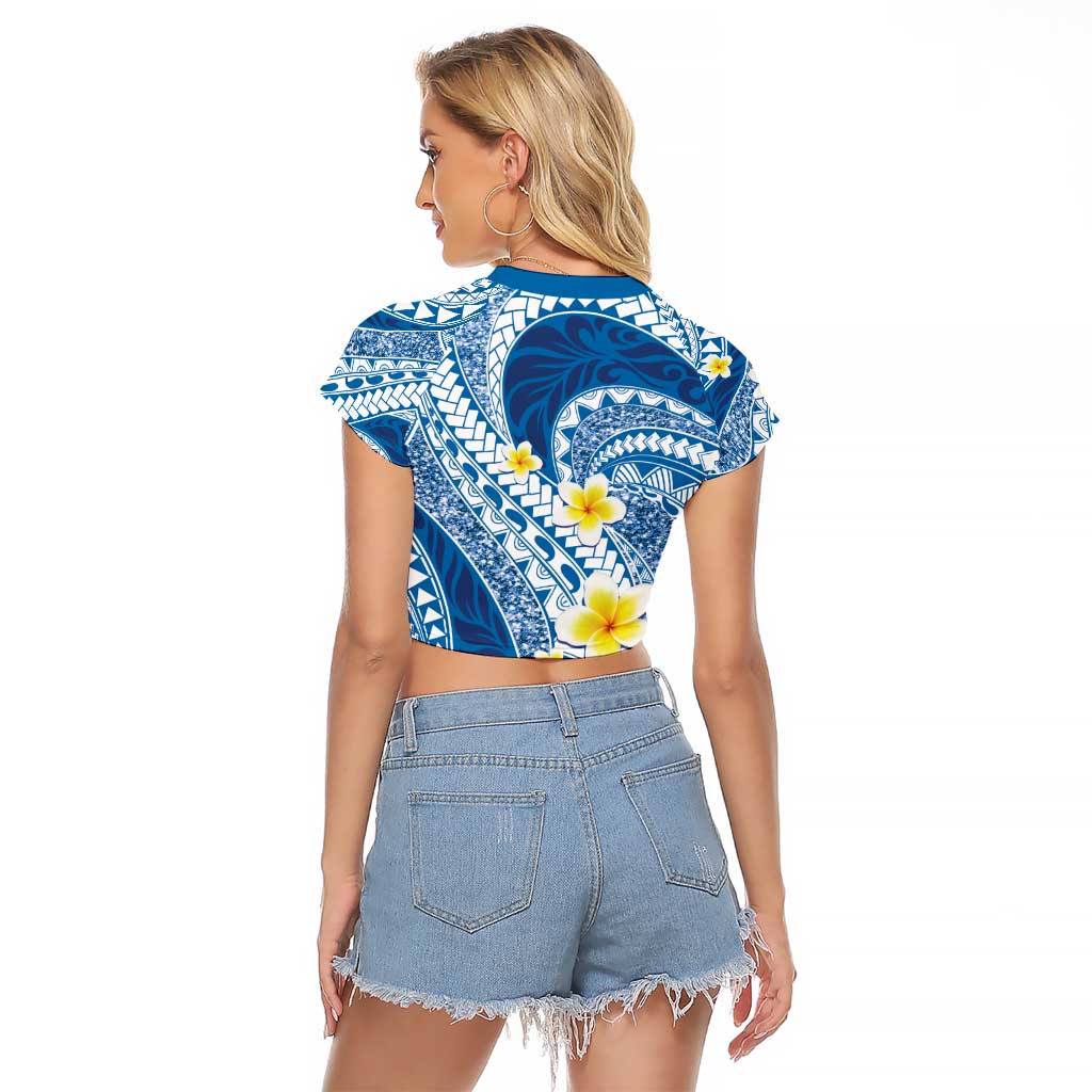 Plumeria Polynesian Blue Glitter Pattern Raglan Cropped T Shirt