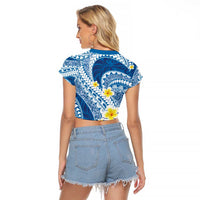 Plumeria Polynesian Blue Glitter Pattern Raglan Cropped T Shirt