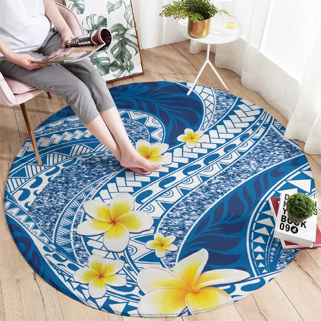 Plumeria Polynesian Blue Glitter Pattern Round Carpet LT01 - Polynesian Pride