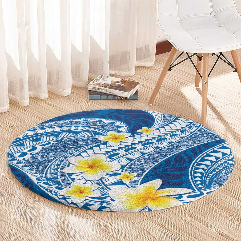 Plumeria Polynesian Blue Glitter Pattern Round Carpet LT01 - Polynesian Pride