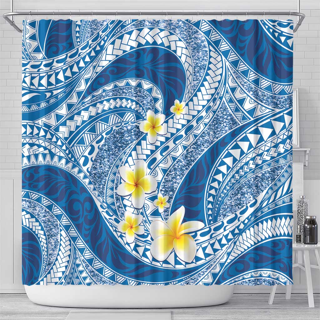 Plumeria Polynesian Blue Glitter Pattern Shower Curtain