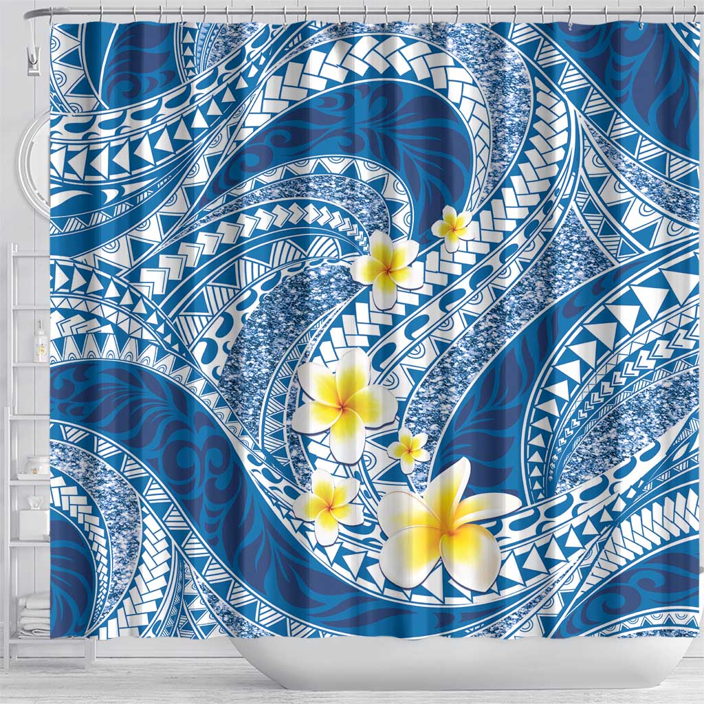 Plumeria Polynesian Blue Glitter Pattern Shower Curtain