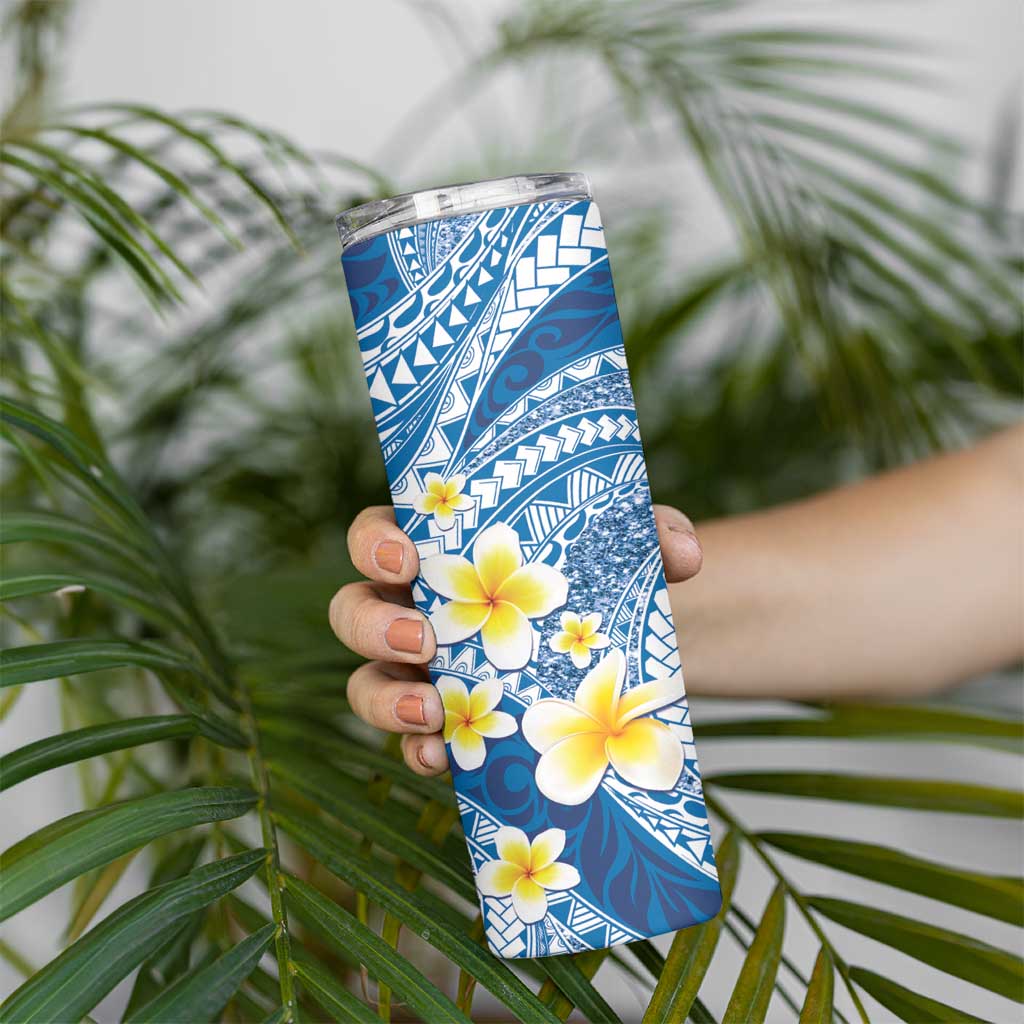 Plumeria Polynesian Blue Glitter Pattern Skinny Tumbler