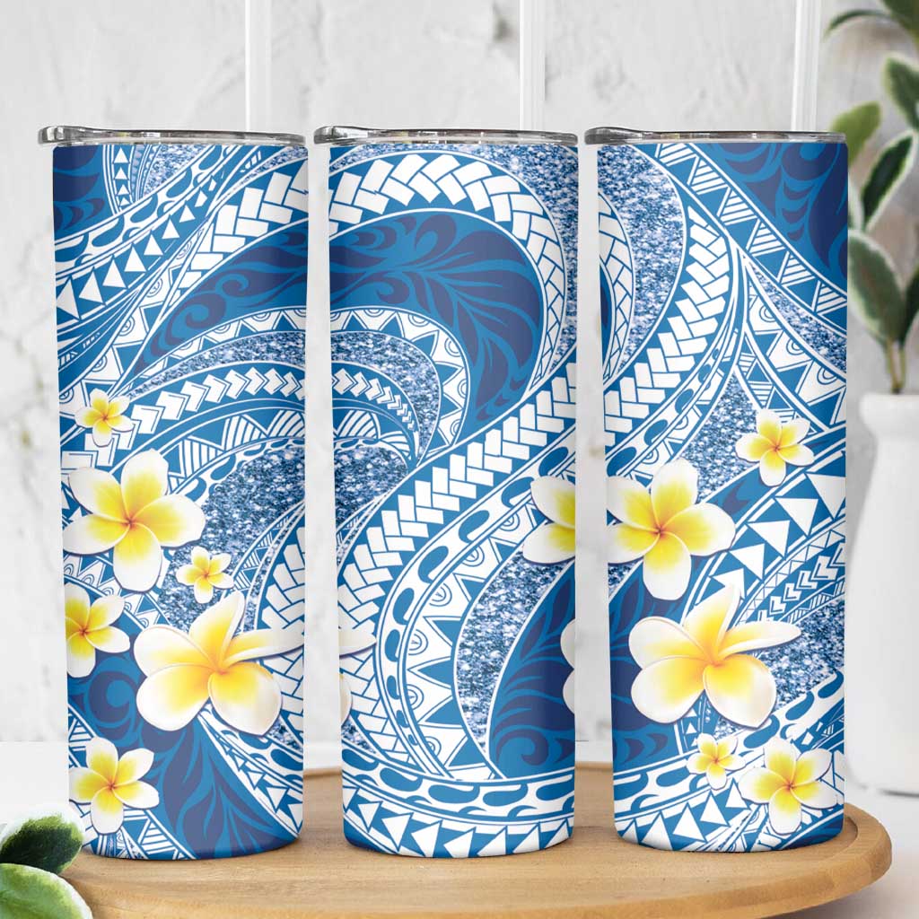 Plumeria Polynesian Blue Glitter Pattern Skinny Tumbler